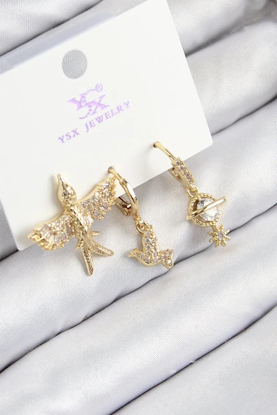 Pirinç Zirkon Taşlı 3'lü Kuş Model Gold Renk Kadın Küpe - TJ-BKP11133 ürün görseli 1