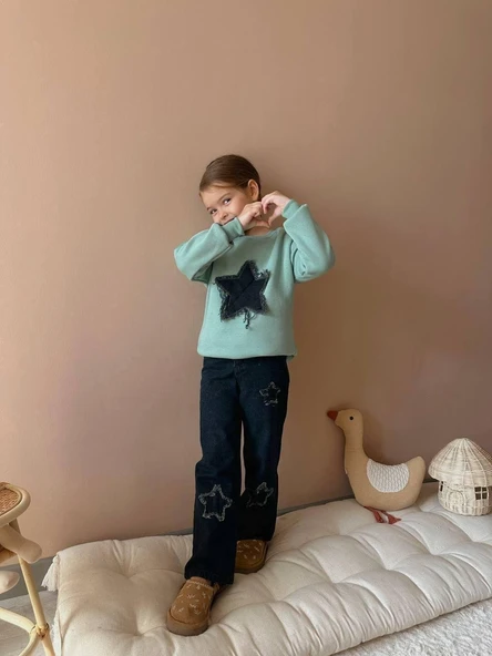Cg Kids Yıldız Jean Nakışlı 3 iplik Şardonlu Sweatshirt Yıldız İşlemeli Jean Pantolon Beli Lastikli Alt Üst Süper Kalite Takım ürün görseli 1