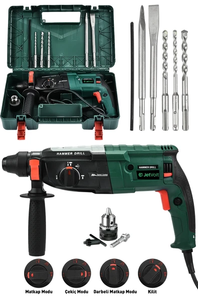 JetVolt 850W Metal Şanzıman Darbeli Matkap Kırıcı Delici Hilti 2-28mm - Yeşil ürün görseli 1