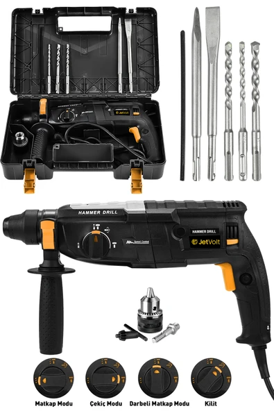 JetVolt 850W Metal Şanzıman Darbeli Matkap Kırıcı Delici Hilti 2-28mm - Siyah ürün görseli 1