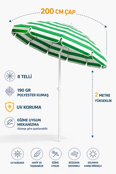 Yeşil Beyaz 200cm, 8 telli Plaj Şemsiyesi ürün görseli 1