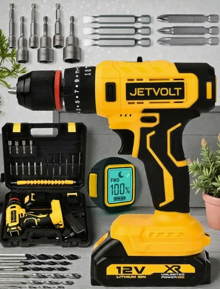 JetVolt Jetvolt Profesyonel Dijital Göstergeli Çift Akülü Darbeli Şarjlı Matkap Seti - Akıllı Ekranlı 12V Vidalama - Sarı ürün görseli 1