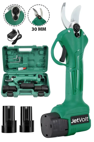 JetVolt 21v 5ah Profesyonel Çift Akülü Bahçe Sera Süper Budama Bağ Makası Şarjlı Budama Makinesi 30 MM - Yeşil ürün görseli 1