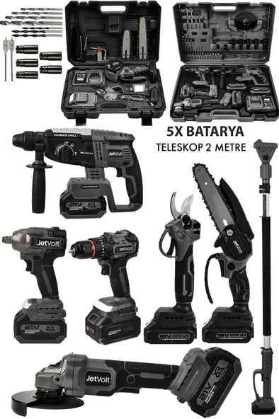 JetVolt Premium Profesyonel 21v 2.0ah 2 Çantalı 5 Bataryalı Kömürsüz Darbeli Teleskop Kollu 7li Set - Siyah ürün görseli 1