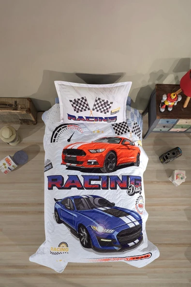 Clasy %100 Pamuk Dört Mevsim Set Tek Kişilik Racing Drag V1 Mavi ürün görseli 1