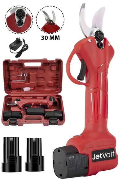 JetVolt 21v 5ah Profesyonel Çift Akülü Bahçe Sera Süper Budama Bağ Makası Şarjlı Budama Makinesi 30 MM - Kırmızı ürün görseli 1
