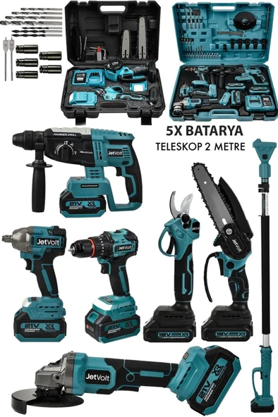 JetVolt Premium Profesyonel 21v 2.0ah 2 Çantalı 5 Bataryalı Kömürsüz Darbeli Teleskop Kollu 7li Set - Mavi ürün görseli 1