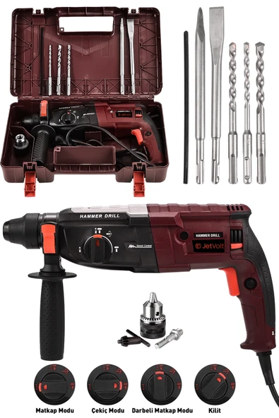 JetVolt 850W Metal Şanzıman Darbeli Matkap Kırıcı Delici Hilti 2-28mm - Kırmızı ürün görseli 1