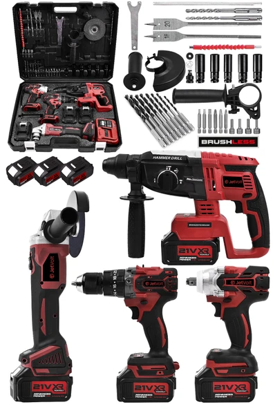 JetVolt Profesyonel 4'Lü Set Şarjlı 2-26 Kırıcı Delici Hilti+125mm Taşlama+450Nm Somun Sökme+13mm Darbeli Matkap - Kırmızı ürün görseli 1