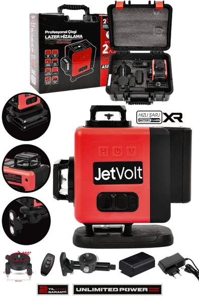 JetVolt Profesyonel 360° Lazer Hizalama 16 Köşe Otomatik Hizalama Yeşil Çizgili Lazer Metre Hizalama - Kırmızı ürün görseli 1