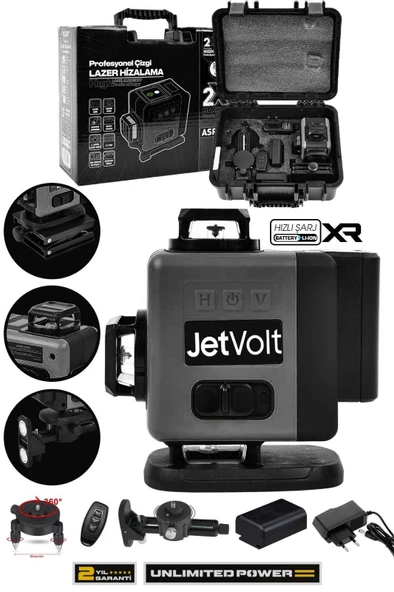JetVolt Profesyonel 360° Lazer Hizalama 16 Köşe Otomatik Hizalama Yeşil Çizgili Lazer Metre Hizalama - Siyah ürün görseli 1