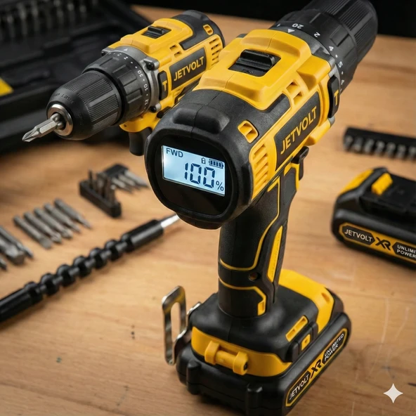 JetVolt Jetvolt Profesyonel Dijital Göstergeli Çift Akülü Darbeli Şarjlı Matkap Seti - Akıllı Ekranlı 12V Vidalama - Sarı ürün görseli 1