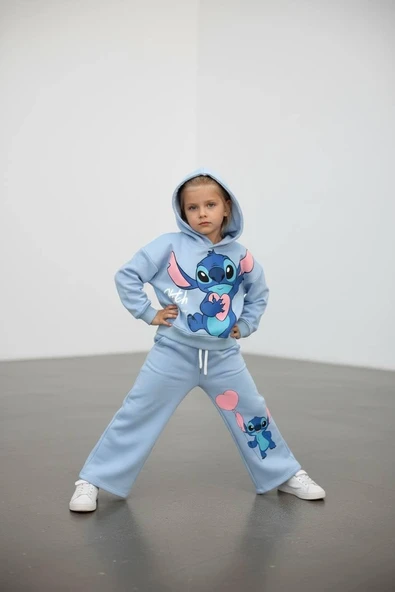 Cg Kids Stitch Temalı İspanyol Paça 2 İplik Kız Çocuk Alt Üst Eşofman Takım Süper Kalite ürün görseli 1