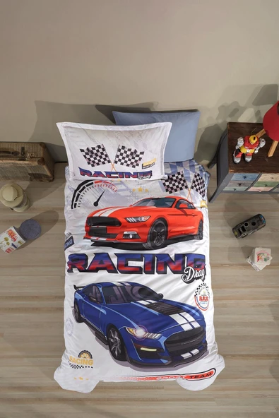 Clasy Ranforce Tek Kişilik Nevresim Takımı Racing Drag V1 Mavi ürün görseli 1