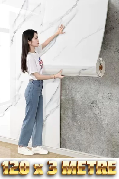 120cm x 3 Metre Rulo Premium Beyaz Mermer Desenli Yapışkanlı Duvar Paneli Kağıdı Ev Ofis BASIC ürün görseli 1