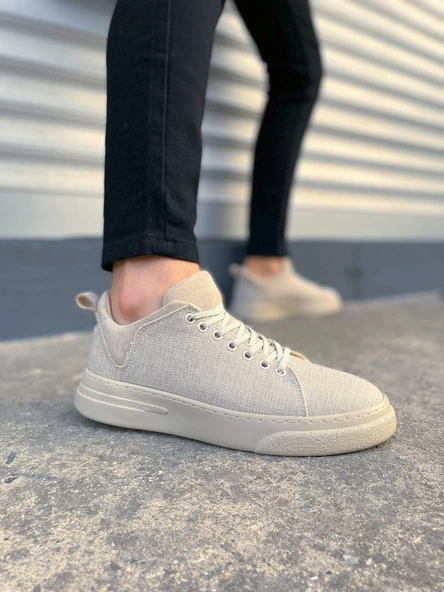JY204 Flex Bağcıklı Keten Kumaş Erkek Günlük Sneaker Ayakkabı KKT - Krem ürün görseli 1