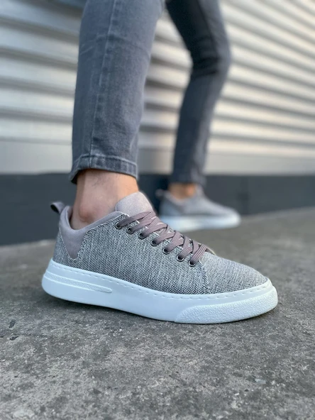 JY204 Flex Bağcıklı Keten Kumaş Erkek Günlük Sneaker Ayakkabı KBT - Gri ürün görseli 1