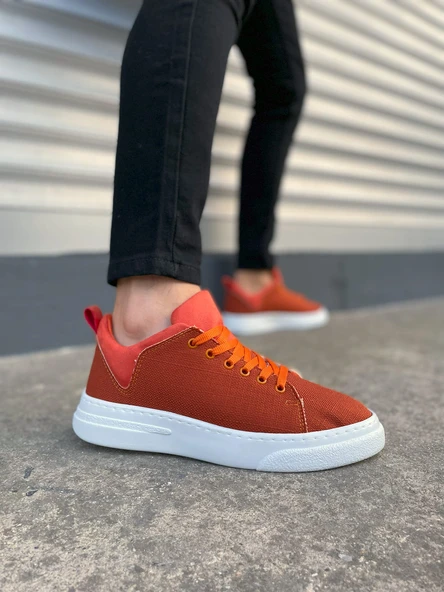 JY204 Flex Bağcıklı Keten Kumaş Erkek Günlük Sneaker Ayakkabı KBT - Turuncu ürün görseli 1