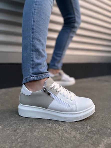 JY155 Warrior Bağcıklı ve Fermuarlı Cilt Süet Erkek Günlük Sneaker Ayakkabı CSBT - Beyaz/Gri ürün görseli 1