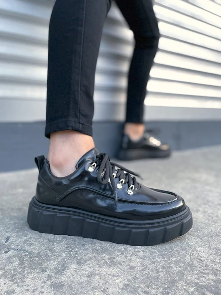 JY010 Cloud Bağcıklı Rugan Erkek Günlük Sneaker Ayakkabı RST - Siyah ürün görseli 1