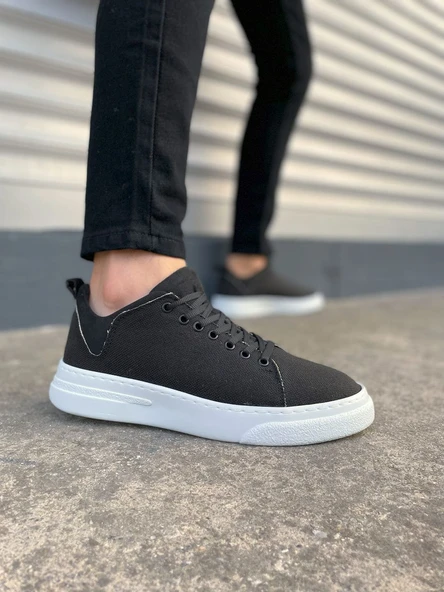 JY204 Flex Bağcıklı Keten Kumaş Erkek Günlük Sneaker Ayakkabı KBT - Siyah ürün görseli 1