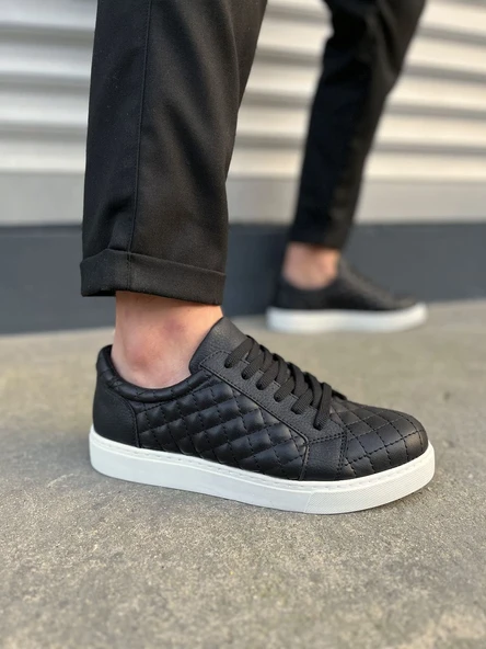 JY166 Prestige Bağcıklı Cilt Kapitone Desenli Erkek Günlük Sneaker Ayakkabı CBT - Siyah ürün görseli 1
