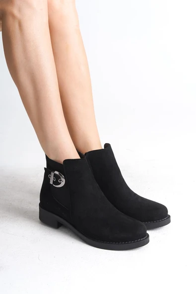 LUNA Fermuarlı Lastikli Ortopedik Taban Topuklu Süet Kadın Bot  SST - Siyah ürün görseli 1
