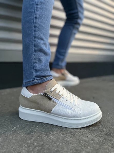 JY155 Warrior Bağcıklı ve Fermuarlı Cilt Süet Erkek Günlük Sneaker Ayakkabı CSBT - Beyaz/Krem ürün görseli 1