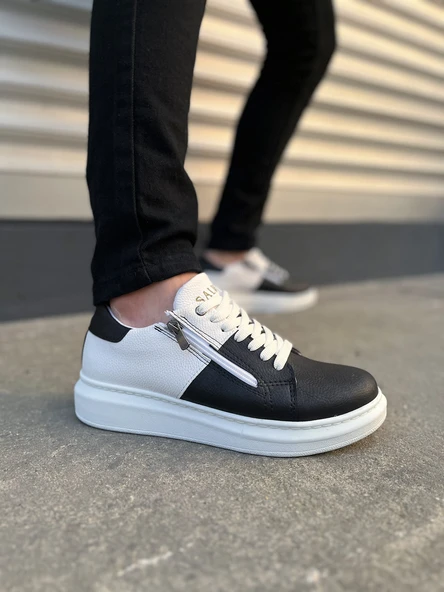 JY155 Warrior Bağcıklı ve Fermuarlı Cilt Erkek Günlük Sneaker Ayakkabı CBT - Beyaz/Siyah ürün görseli 1