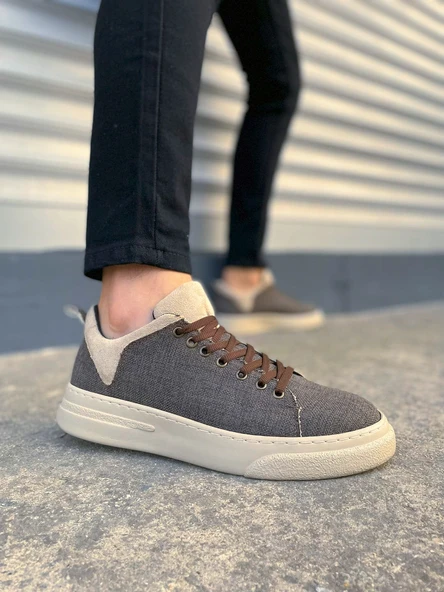 JY204 Flex Bağcıklı Keten Kumaş Erkek Günlük Sneaker Ayakkabı KKT - Kahverengi/Krem ürün görseli 1