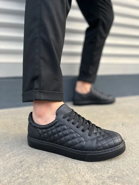 JY166 Prestige Bağcıklı Cilt Kapitone Desenli Erkek Günlük Sneaker Ayakkabı CST - Siyah ürün görseli 1