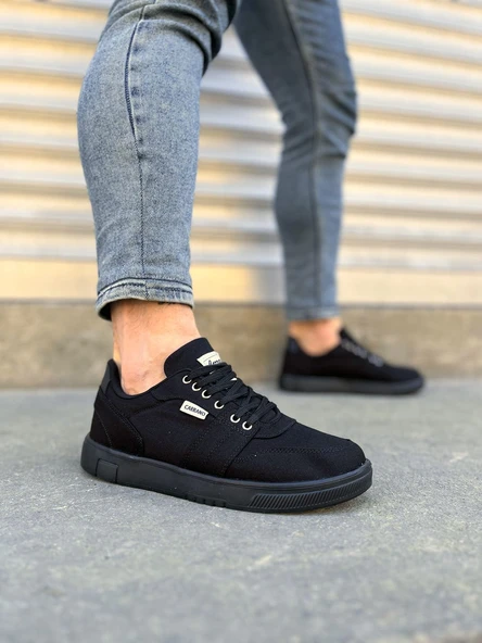JY0118 REX Bağcıklı Keten Kumaş Erkek Günlük Sneaker Ayakkabı KST - Siyah ürün görseli 1