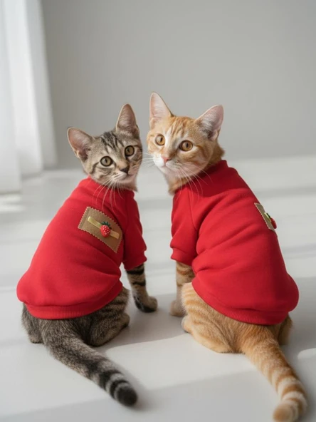Sevimli Çilek Detaylı Kırmızı Kedi Polar Sweatshirt ürün görseli 1