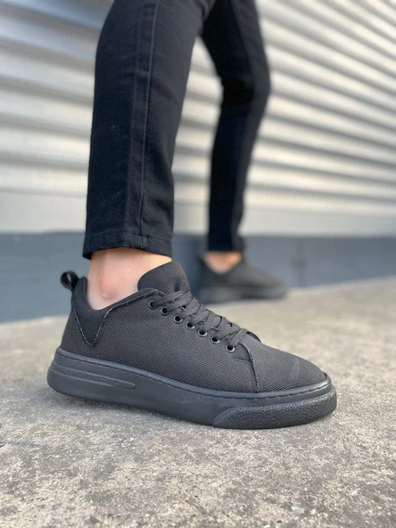 JY204 Flex Bağcıklı Keten Kumaş Erkek Günlük Sneaker Ayakkabı KST - Siyah ürün görseli 1