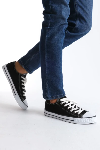 JY0422 Luke Bağcıklı Keten Kumaş Erkek Günlük Sneaker Ayakkabı KBT - Siyah ürün görseli 1