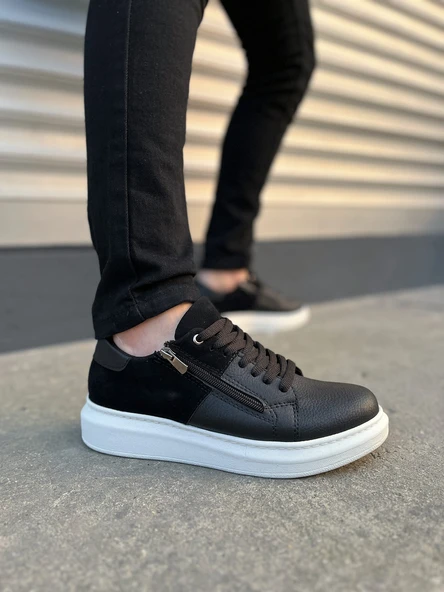 JY155 Warrior Bağcıklı ve Fermuarlı Cilt Süet Erkek Günlük Sneaker Ayakkabı CSBT - Siyah ürün görseli 1