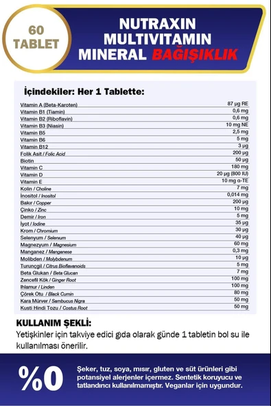 Nutraxin Multivitamin Mineral Immune Complex 60 Tablet 2 Adet - Resim 3