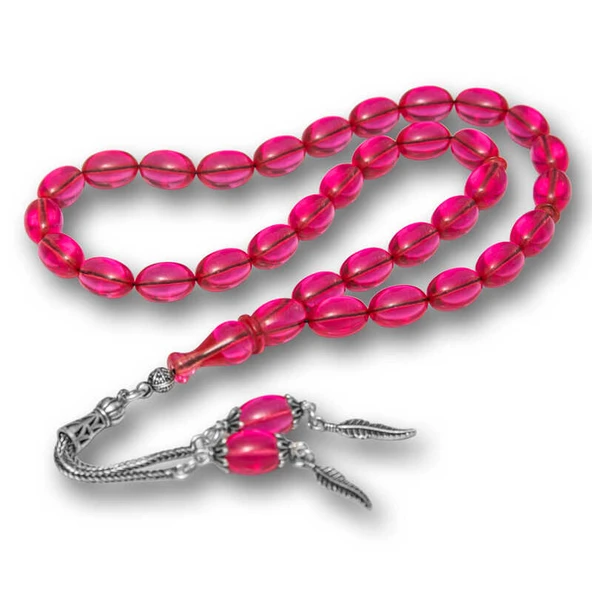 Gümüş Püsküllü Pembe Ateş Kehribar Tesbih ürün görseli 1