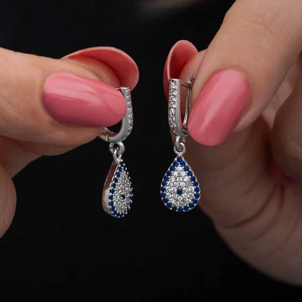 Gümüş Sallantılı Damla Nazar Kadın Küpe ürün görseli 1