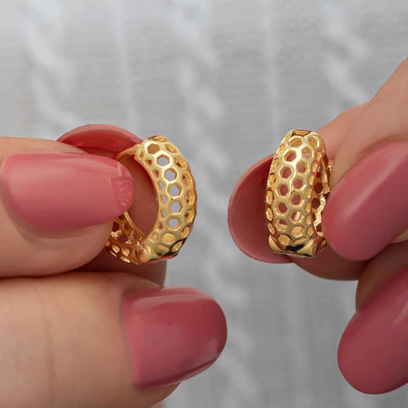 Gümüş Gold Petek Desenli Halka Kadın Küpe ürün görseli 1