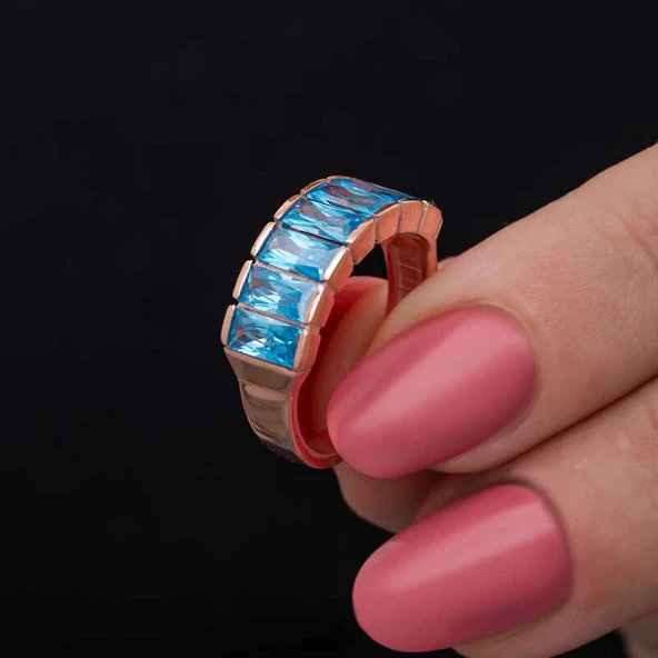 Gümüş Rose Baget  Aquamarine Taşlı Kadın Yüzük ürün görseli 1