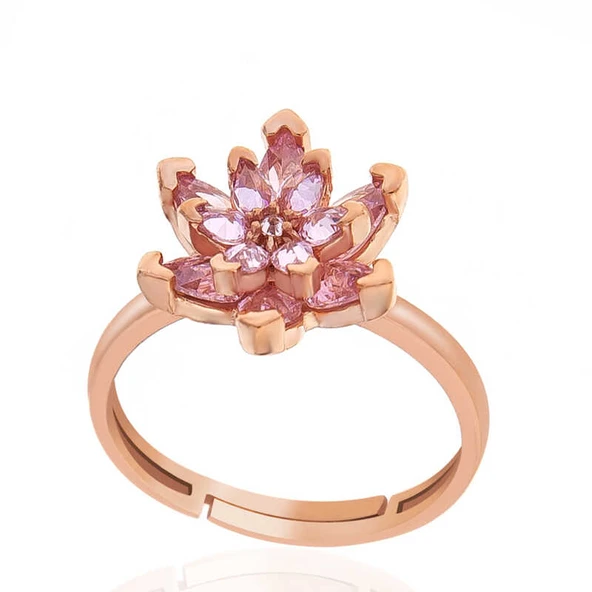 Gümüş Rose Pembe Taşlı Lotus Çiçeği Kadın Yüzük ürün görseli 1