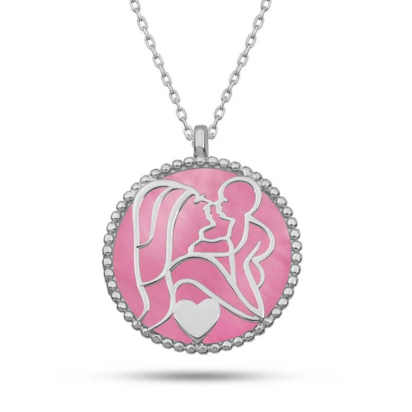Gümüş Pembe Sedef Taşlı Anne Çocuk Sevgisi Kolye ürün görseli 1