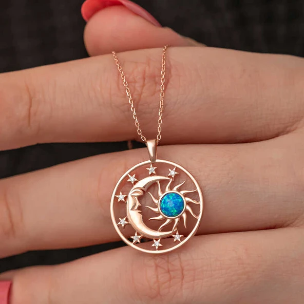 Gümüş Rose Opal Mavi Taşlı Ay Güneş Kadın Kolye ürün görseli 1