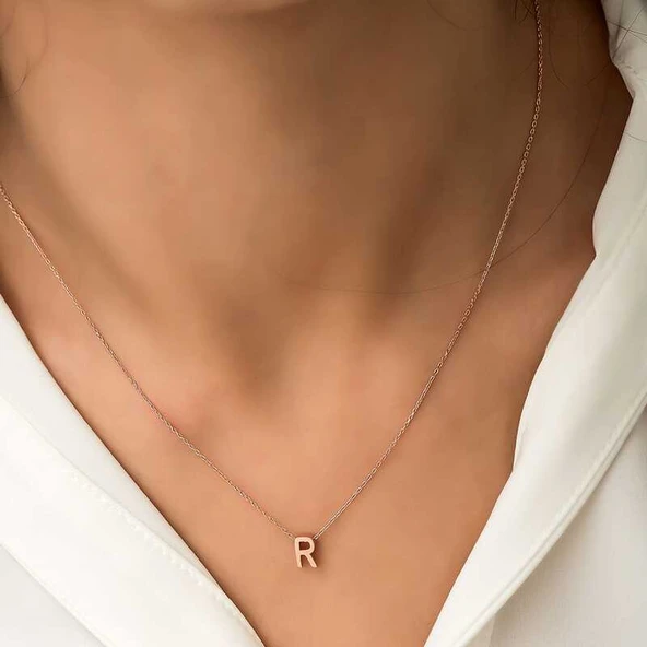 Gümüş Rose 3 Boyutlu R Harf Bayan Kolye ürün görseli 1