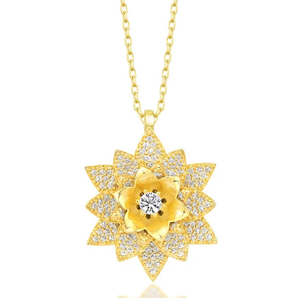 Gümüş Gold Beyaz Taşlı Lotus Çiçeği Kadın Kolye ürün görseli 1