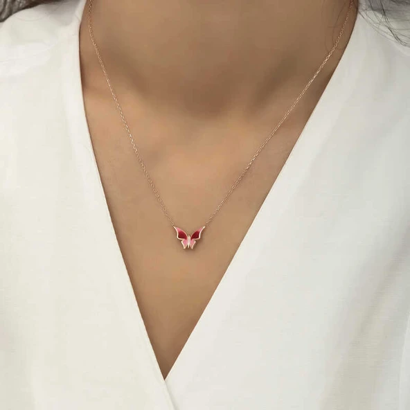Gümüş Rose Minimal Kelebek Bayan Kolye - Resim 2