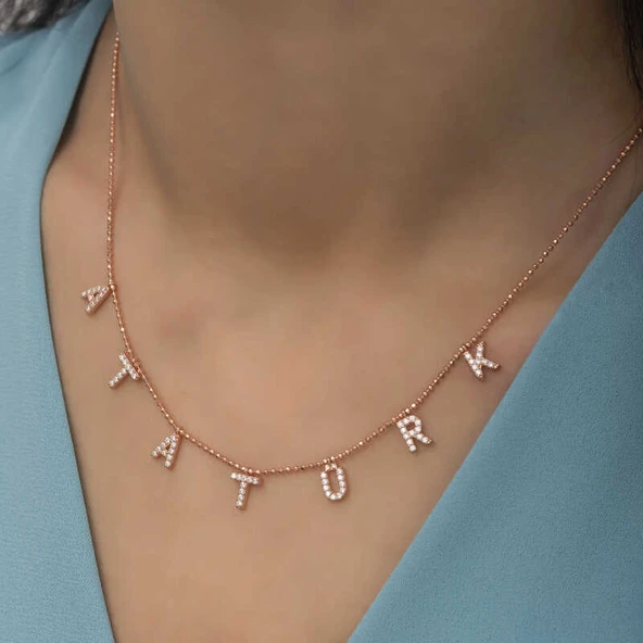 Gümüş Rose Atatürk Yazılı Bayan Kolye - Resim 4