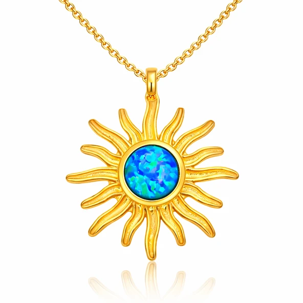 Gümüş Gold Mavi Opal Taşlı Güneş Kadın Kolye ürün görseli 1