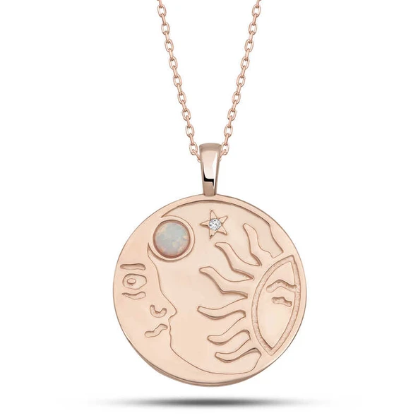 Gümüş Rose Opal Beyaz Taşlı Ay Güneş Kadın Kolye ürün görseli 1